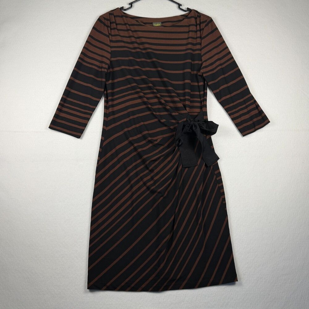 Taylor Wrap Dress Size 10 Brown Black Striped Sheath Career Office Midi